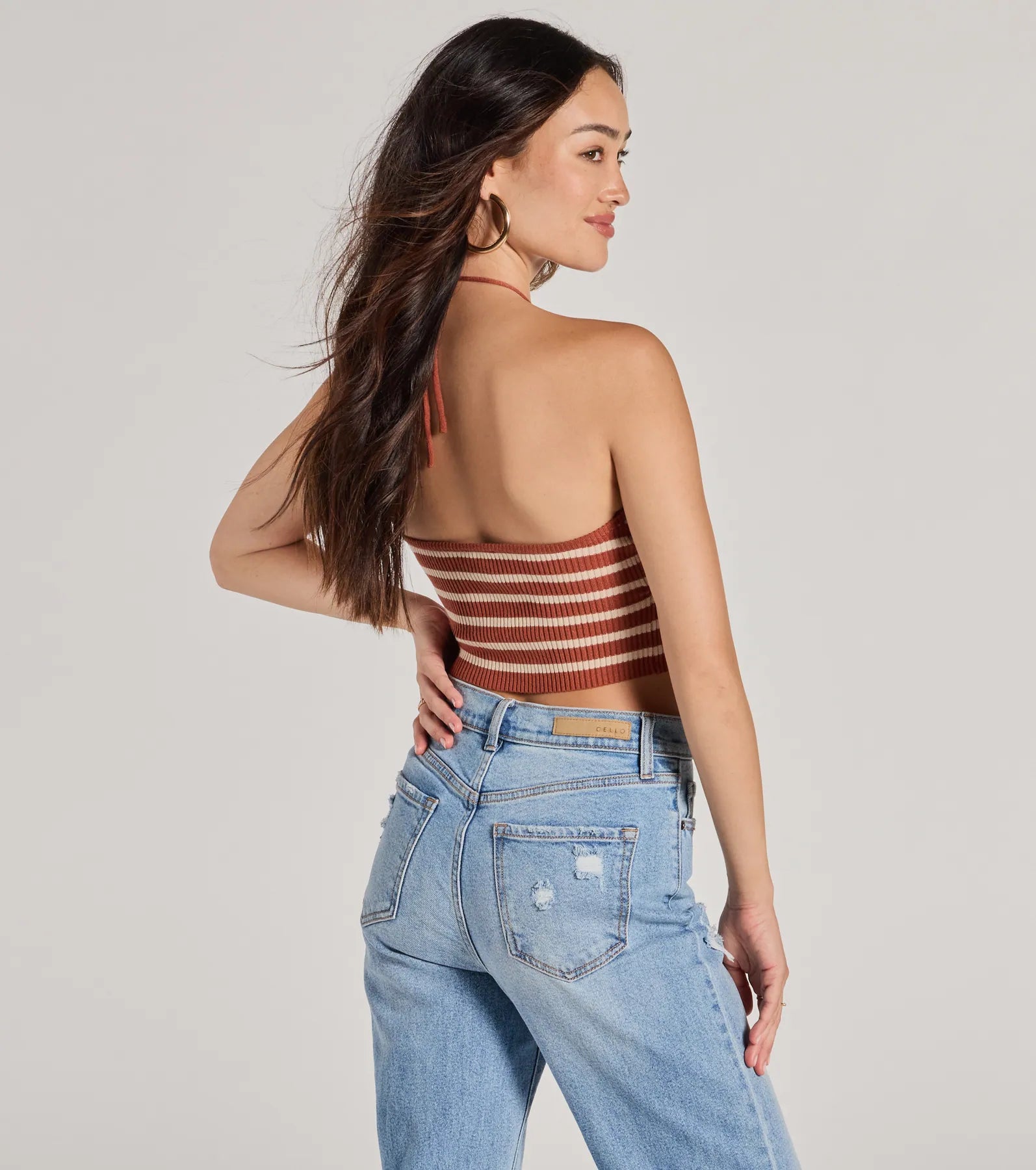 Trendy In Stripes Halter Rib Knit Crop Top - Image 2
