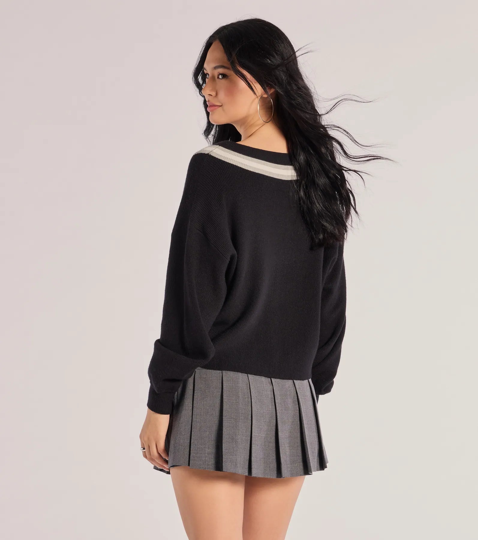 Preppy Impression Striped V-Neck Sweater Crop Top - Image 2