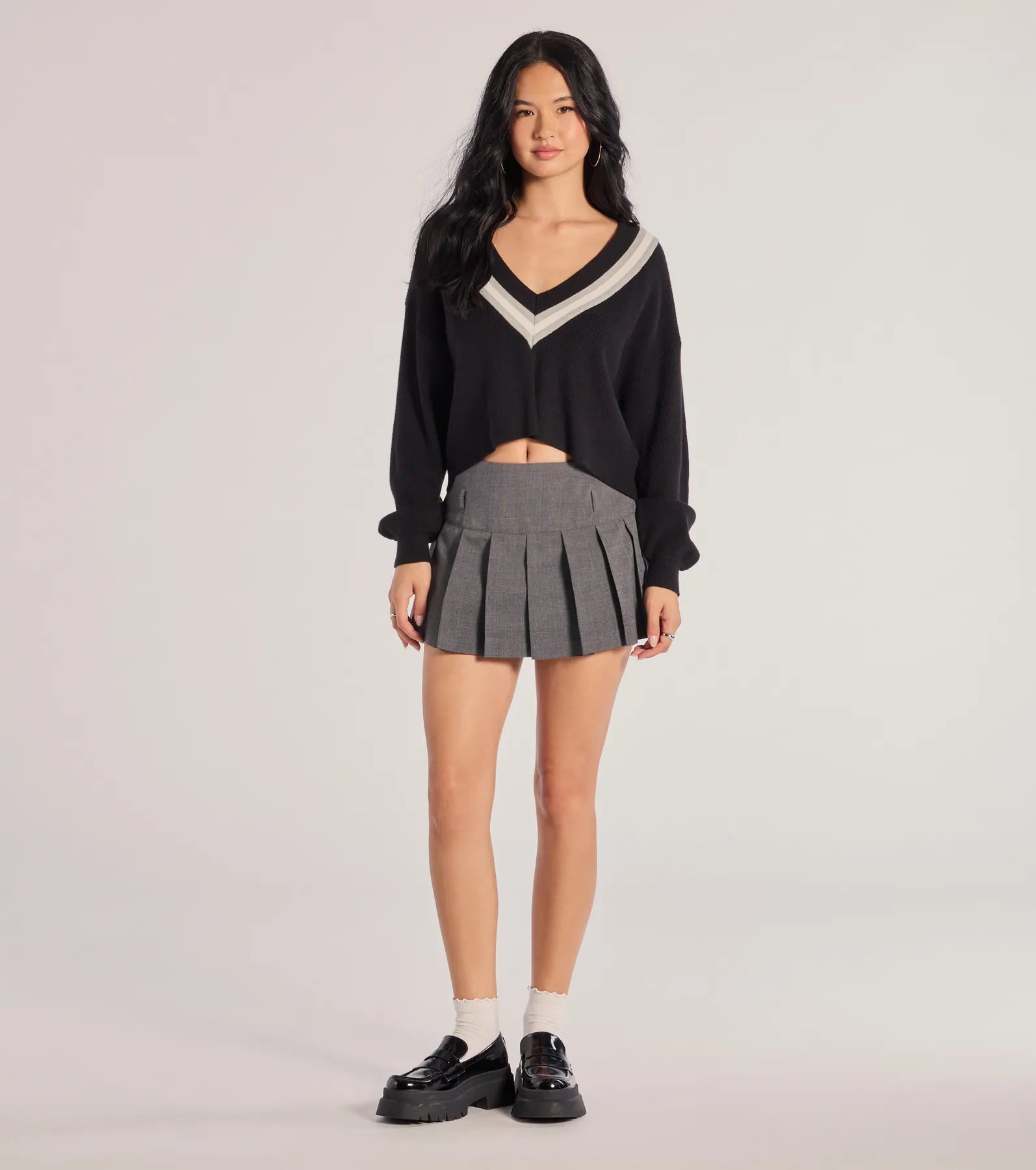 Preppy Impression Striped V-Neck Sweater Crop Top - Image 3