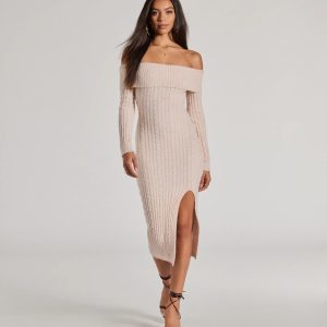 Cozy Luxe Cable Knit Off-The-Shoulder Midi Dress