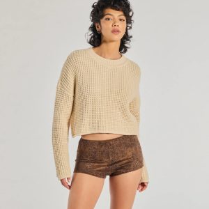 Coziest Style Waffle Knit Crew Neck Sweater