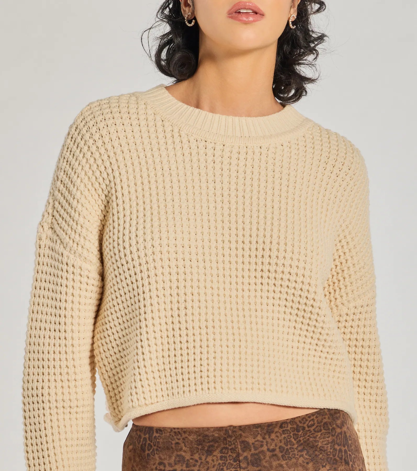 Coziest Style Waffle Knit Crew Neck Sweater - Image 4