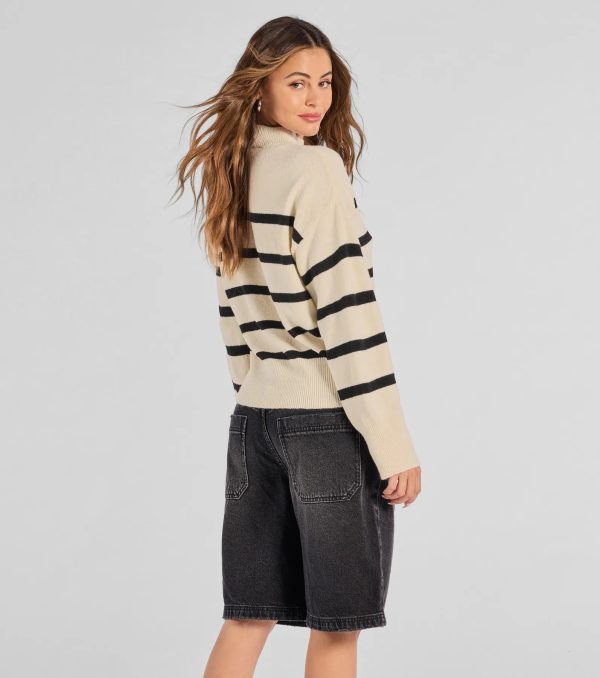 Preppy Casual Striped Knit Mock Neck Sweater - Image 2