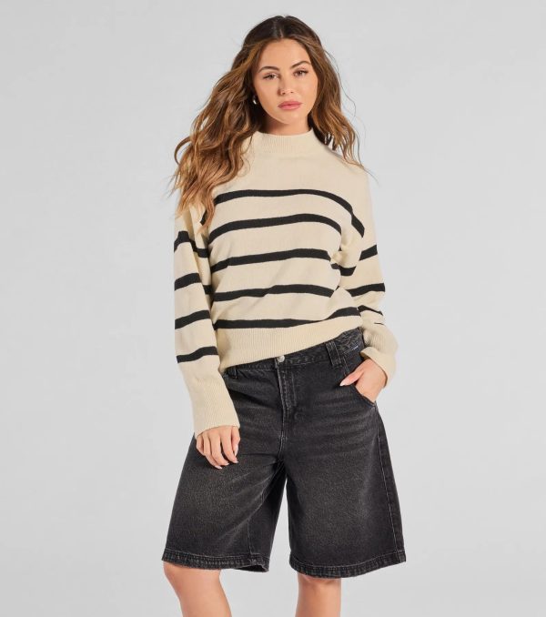 Preppy Casual Striped Knit Mock Neck Sweater - Image 3
