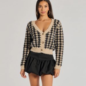 Polished Cozy Houndstooth Eyelash Knit Cardigan