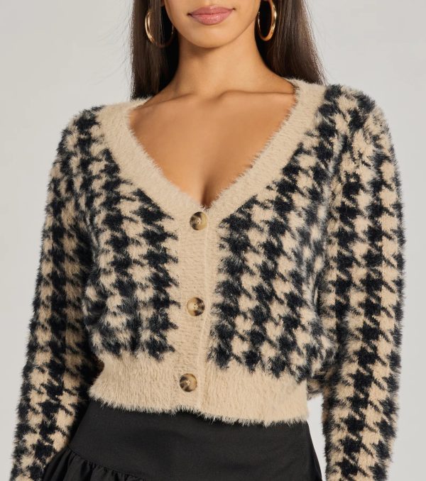 Polished Cozy Houndstooth Eyelash Knit Cardigan - Image 4