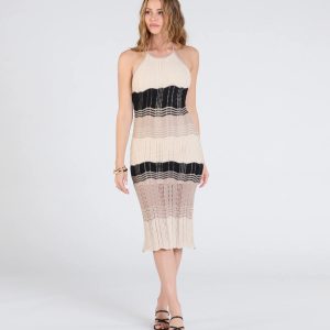 Retro Vision Halter Striped Crochet Midi Dress