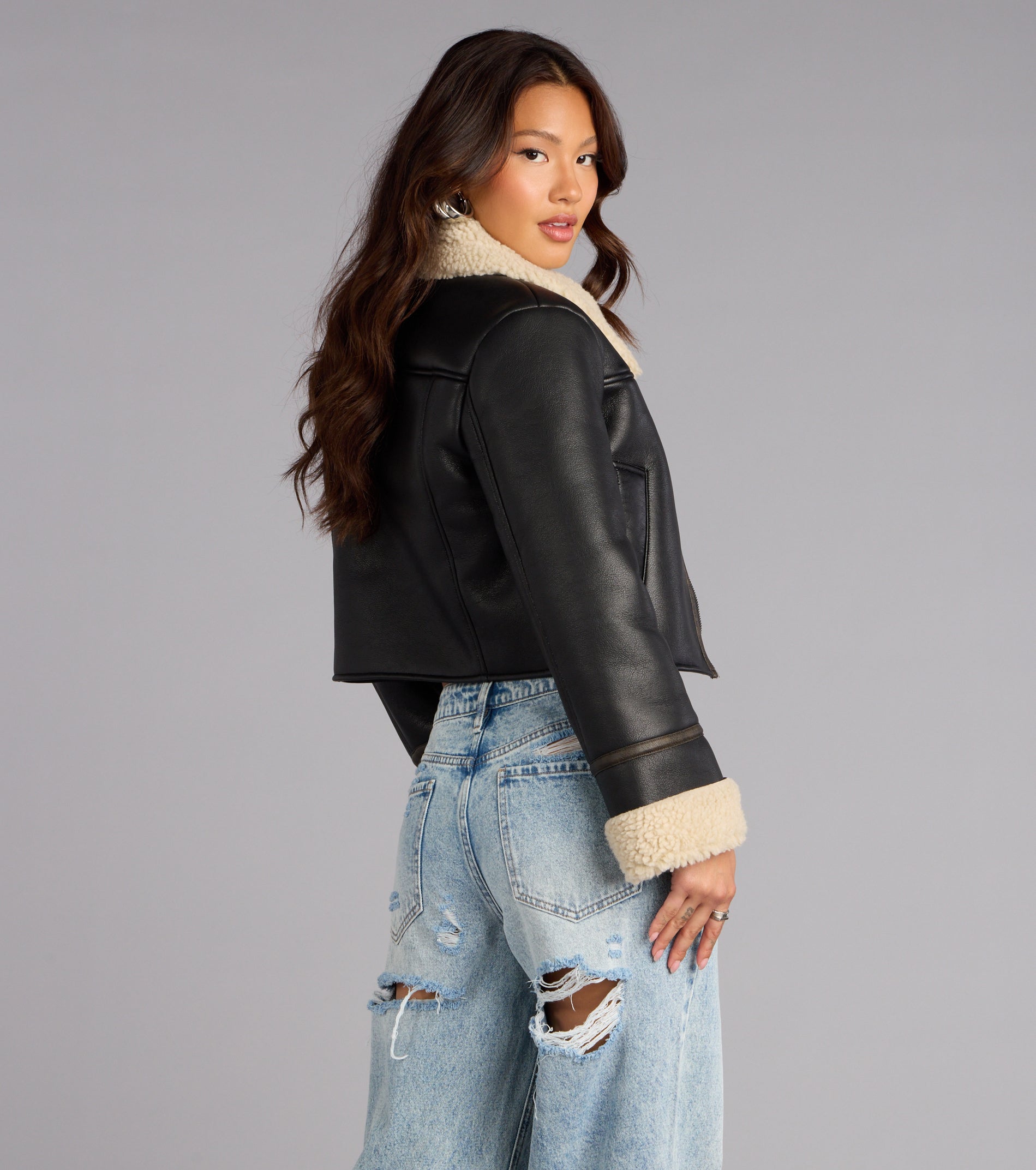 Downtown Girl Faux Leather Sherpa Crop Jacket - Image 2