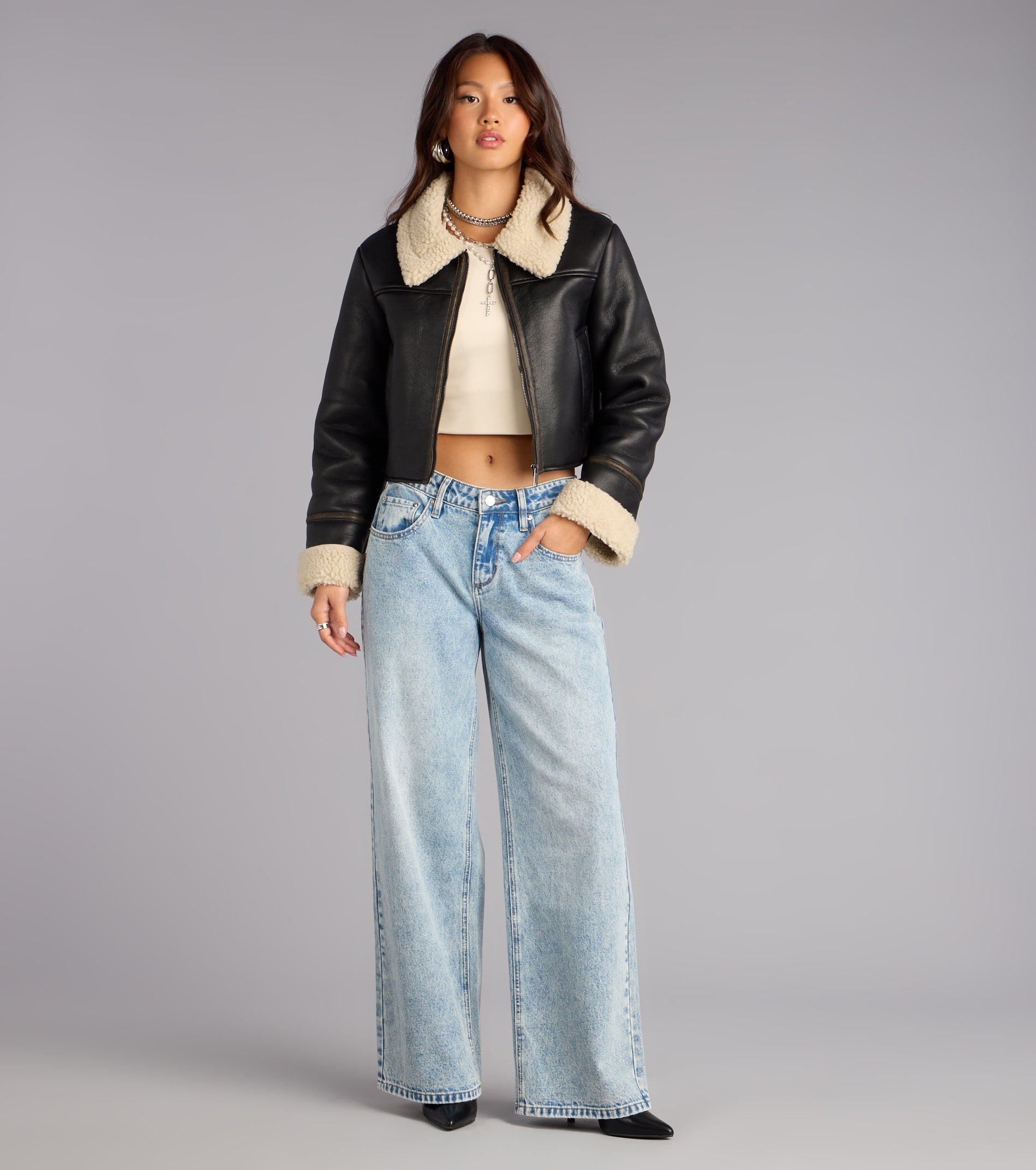 Downtown Girl Faux Leather Sherpa Crop Jacket - Image 3