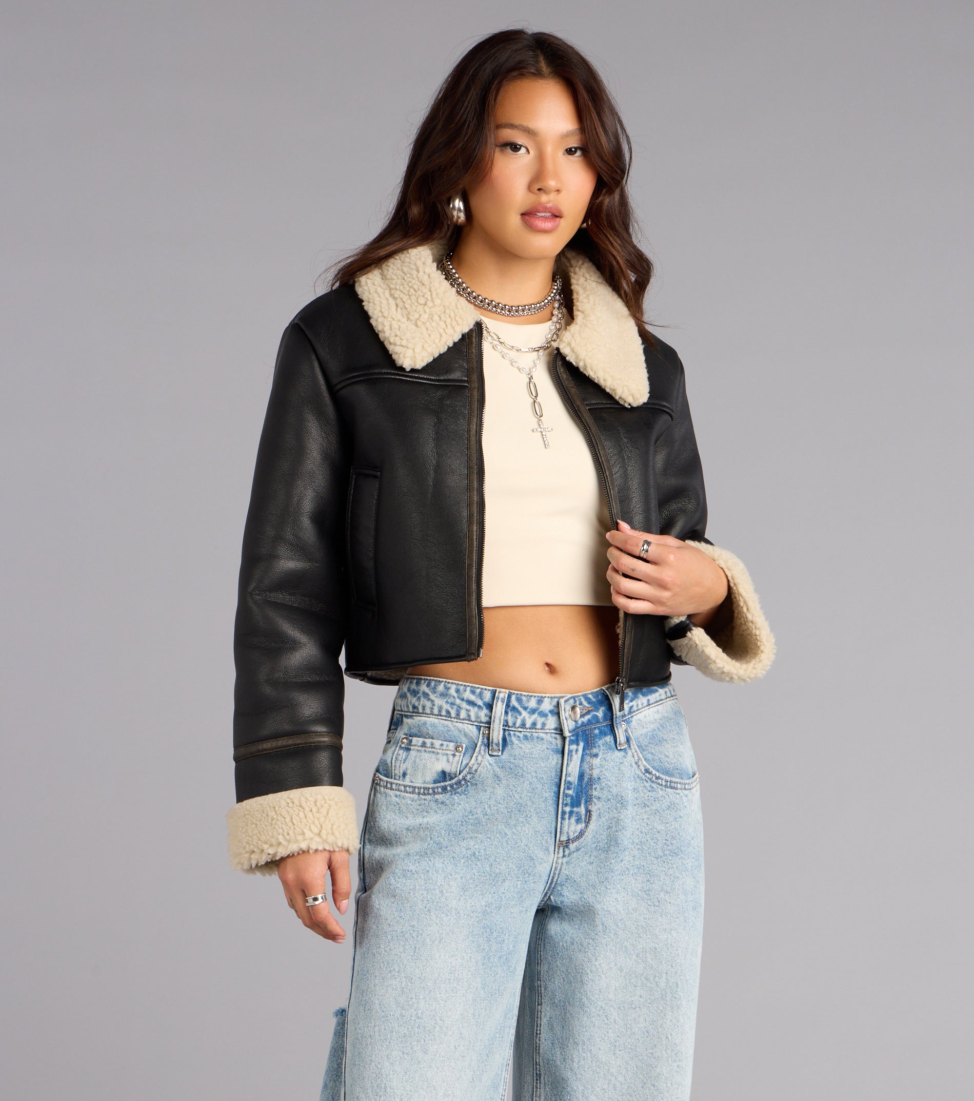 Downtown Girl Faux Leather Sherpa Crop Jacket - Image 4