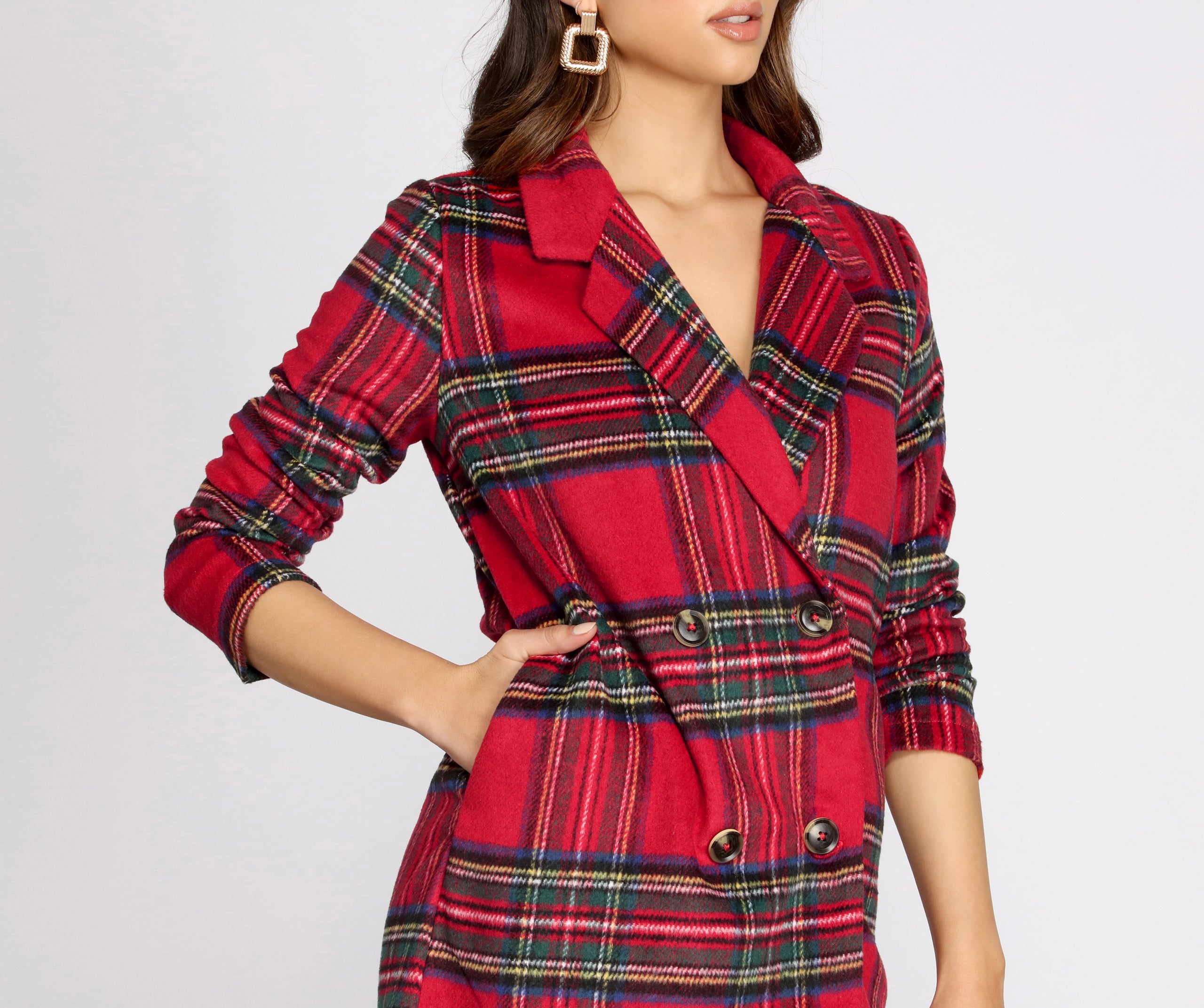 Royal Plaid Long Trench Coat - Image 3