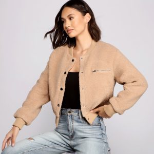 Snap Button Front Teddy Bomber Jacket