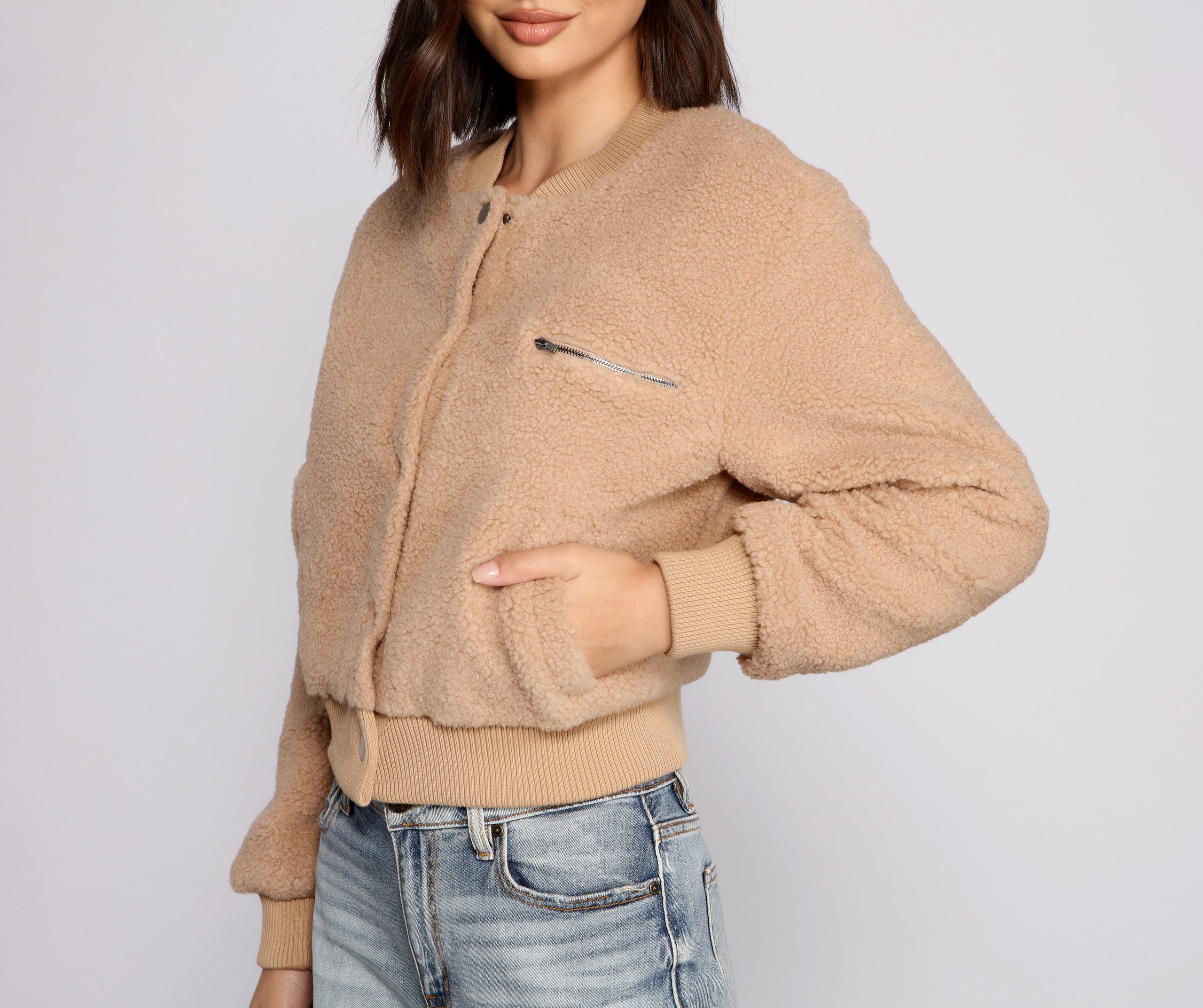 Snap Button Front Teddy Bomber Jacket - Image 4