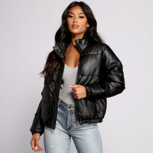 Chic Faux Leather Puffer Jacket