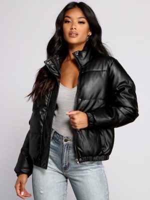 Chic Faux Leather Puffer Jacket