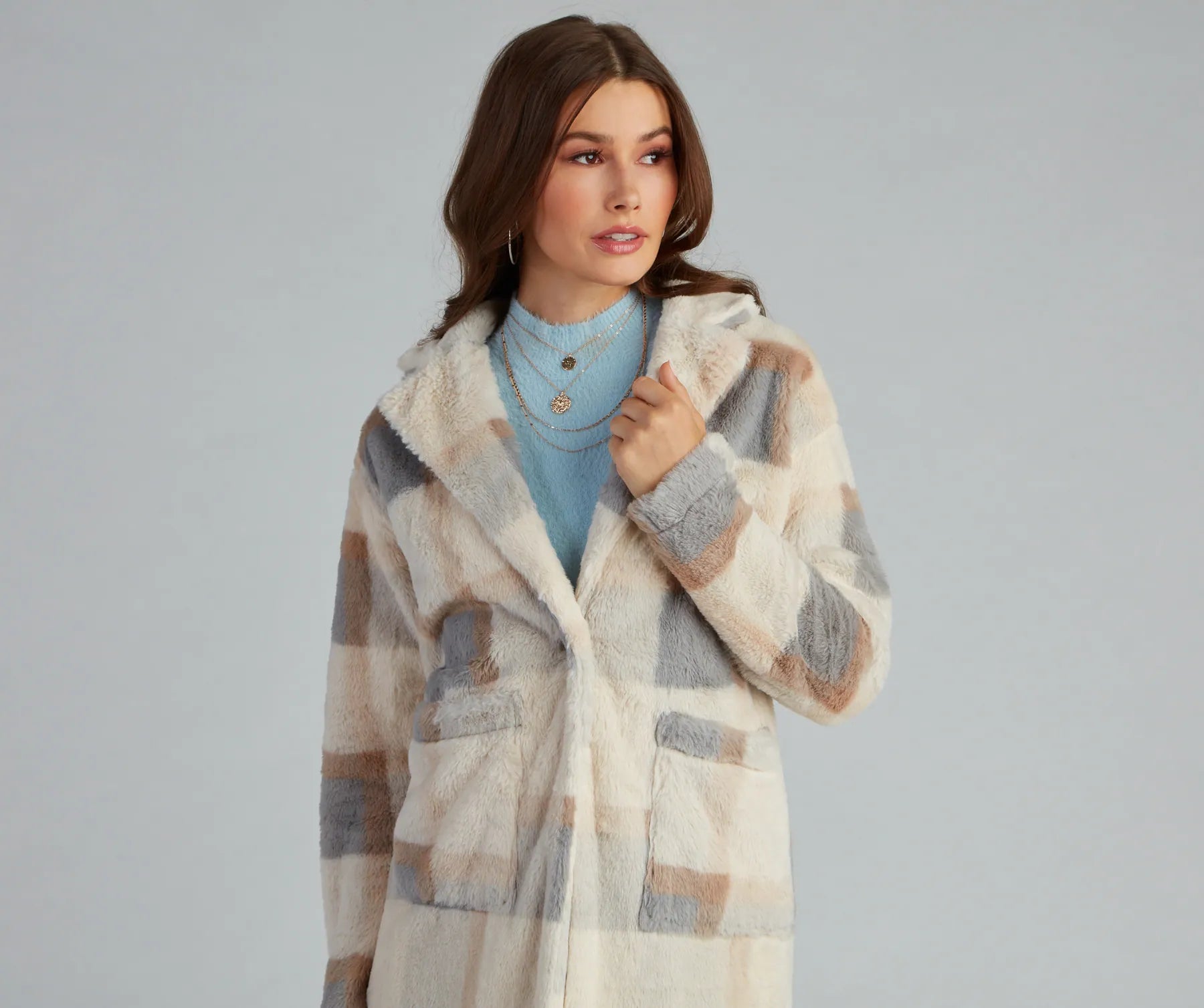 So Stunning Faux Fur Plaid Coat - Image 3