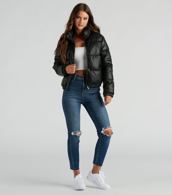 Stylish Edge Faux Leather Puffer Jacket - Image 6