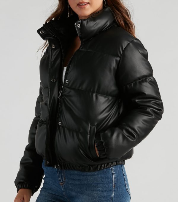 Stylish Edge Faux Leather Puffer Jacket - Image 8
