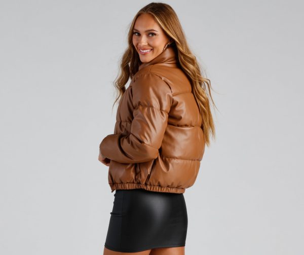 Stylish Edge Faux Leather Puffer Jacket - Image 11