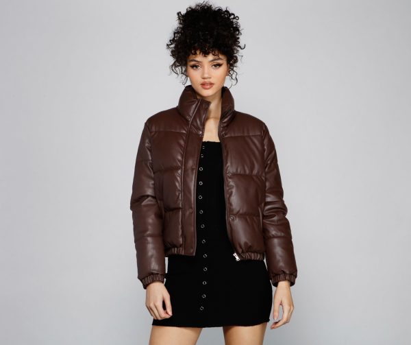 Stylish Edge Faux Leather Puffer Jacket - Image 14