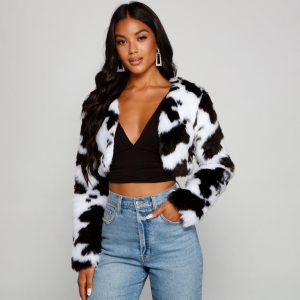 Faux Fur Cropped Cow Print Jacket