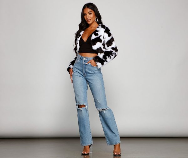 Faux Fur Cropped Cow Print Jacket - Image 3