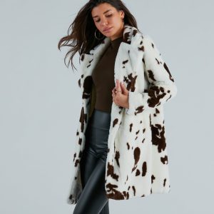 Stylishly Spotted Cow Print Faux Fur Coat