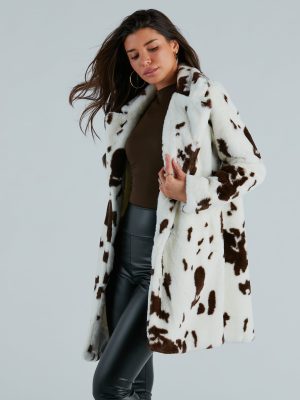 Stylishly Spotted Cow Print Faux Fur Coat