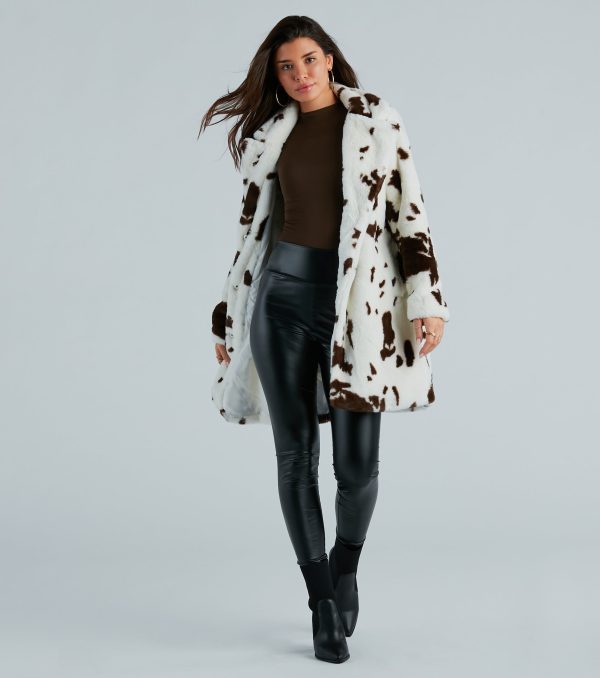 Stylishly Spotted Cow Print Faux Fur Coat - Image 5