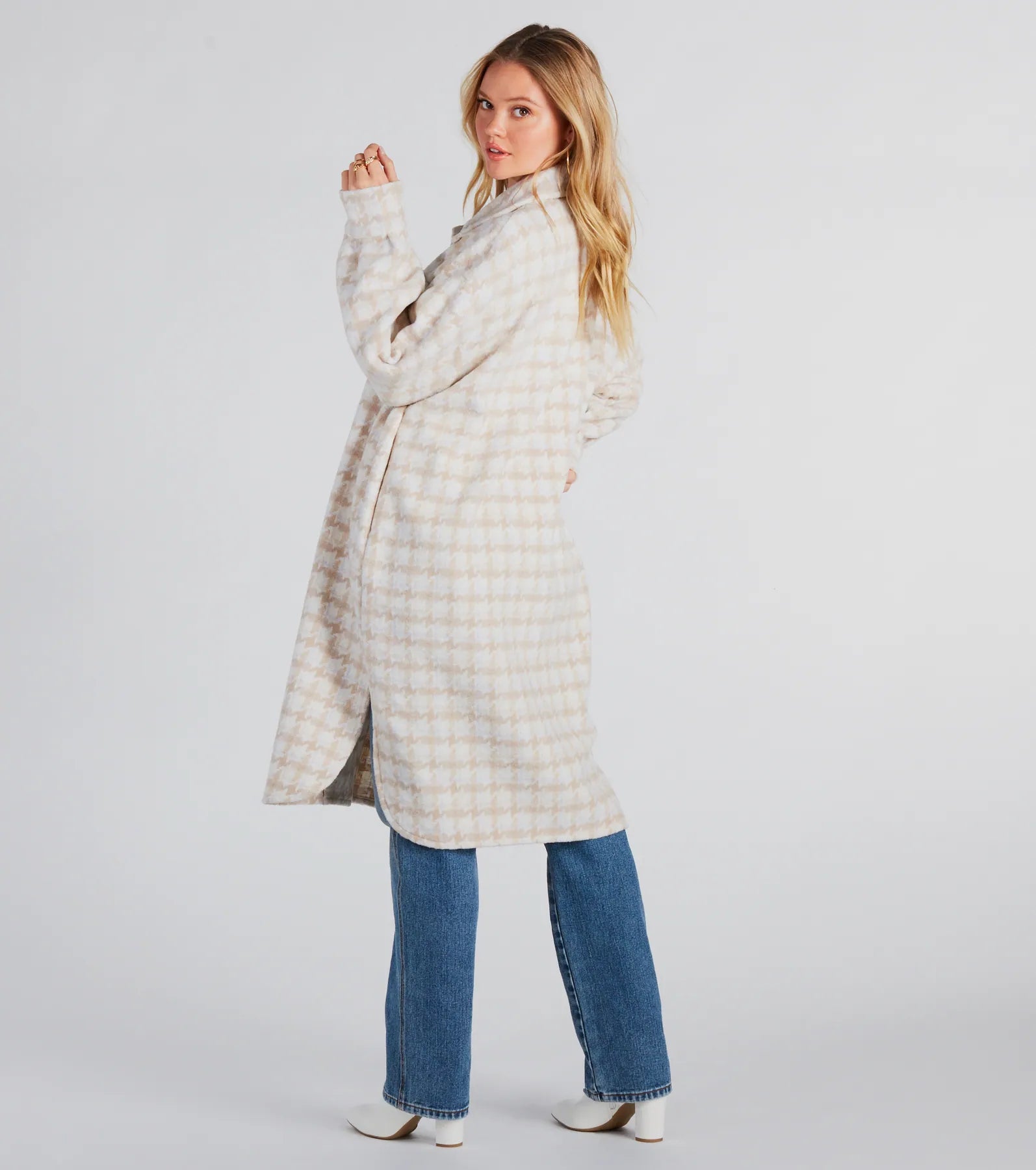 Setting Trends Faux Wool Houndstooth Long Shacket - Image 2