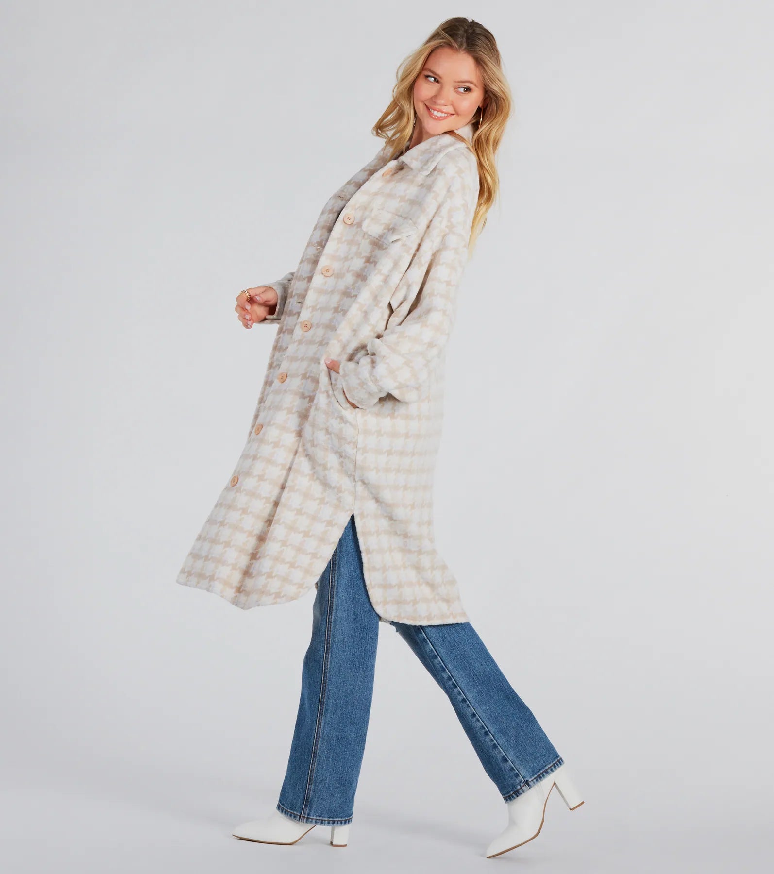 Setting Trends Faux Wool Houndstooth Long Shacket - Image 3