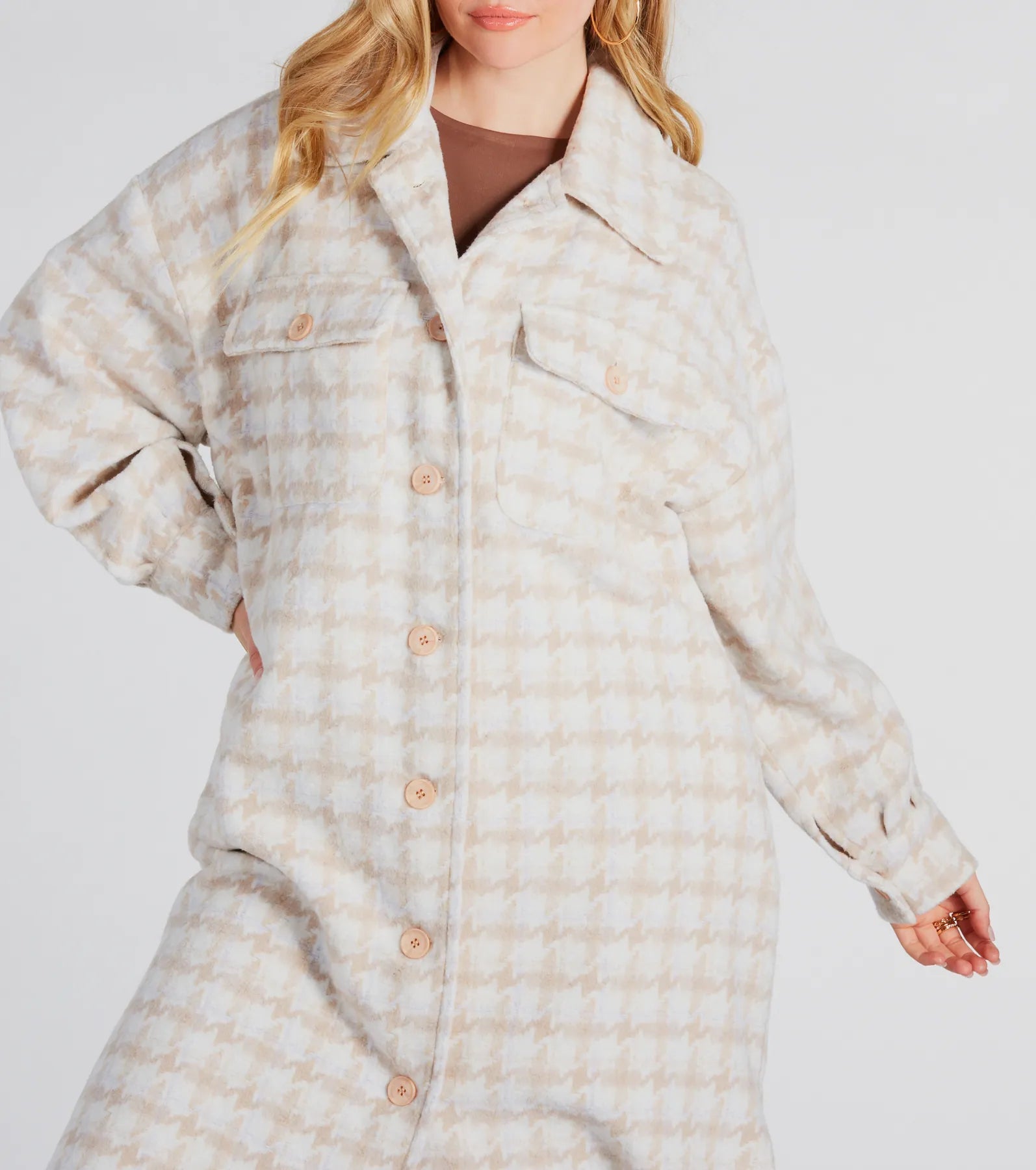 Setting Trends Faux Wool Houndstooth Long Shacket - Image 4