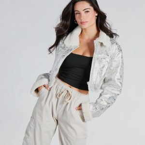 Pop Diva Status Metallic Faux Fur Crop Jacket