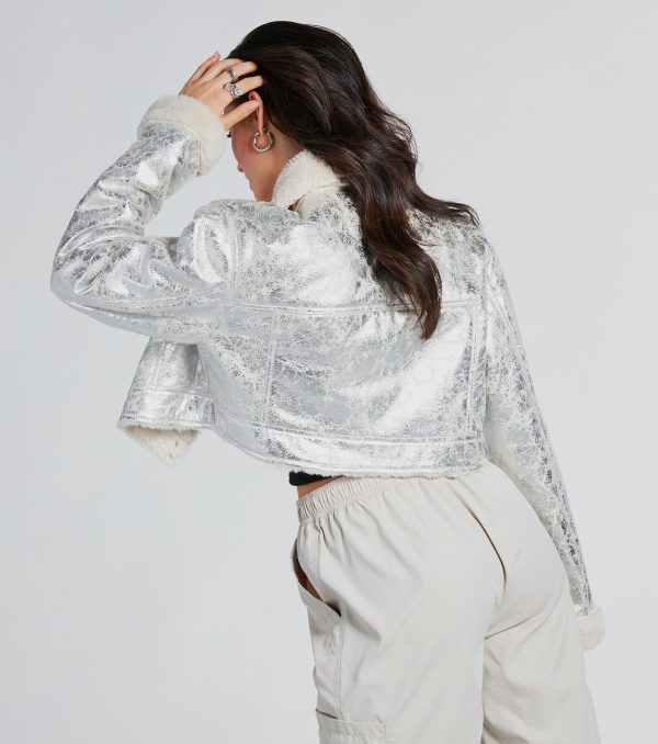 Pop Diva Status Metallic Faux Fur Crop Jacket - Image 2