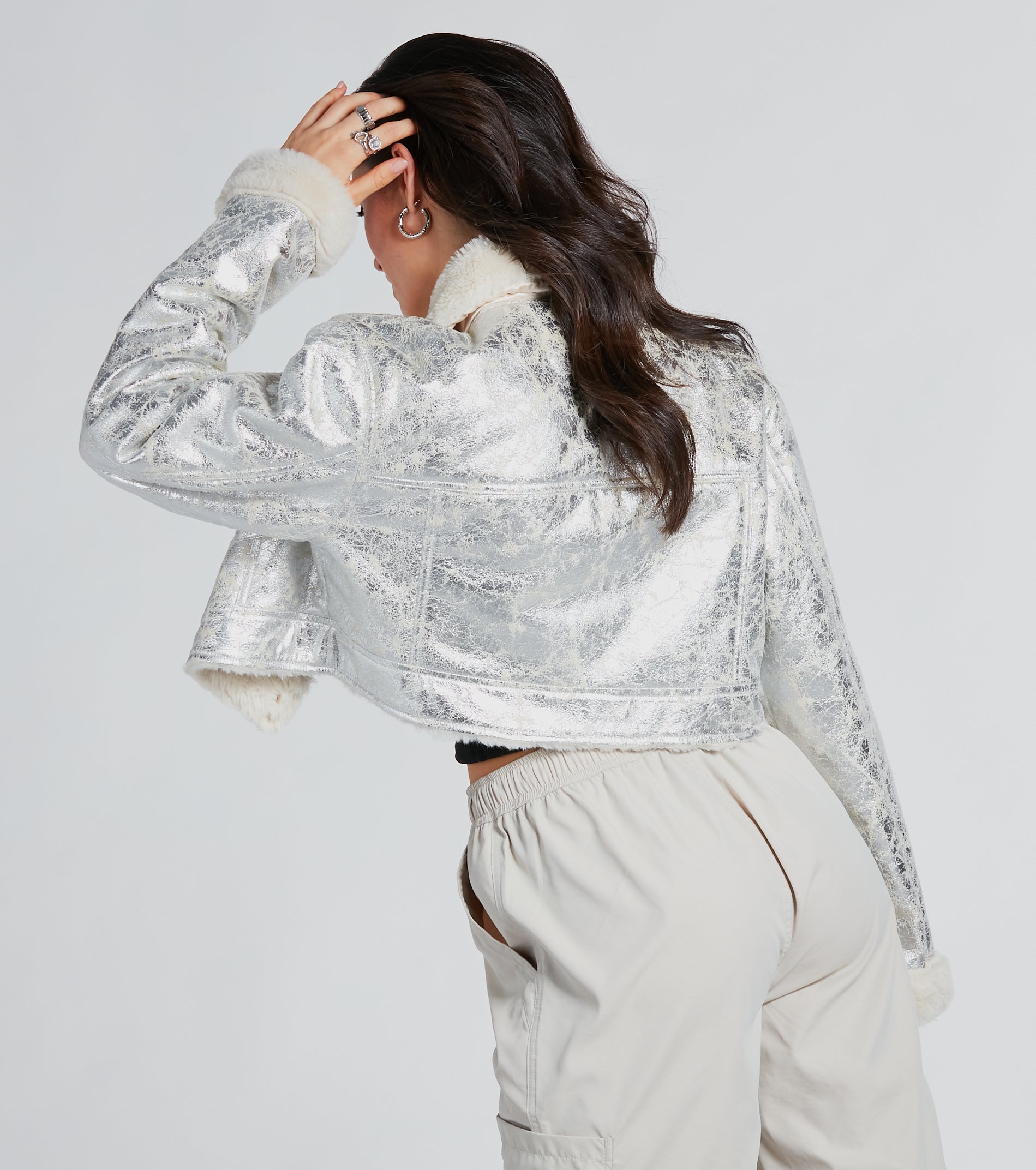 Pop Diva Status Metallic Faux Fur Crop Jacket - Image 2