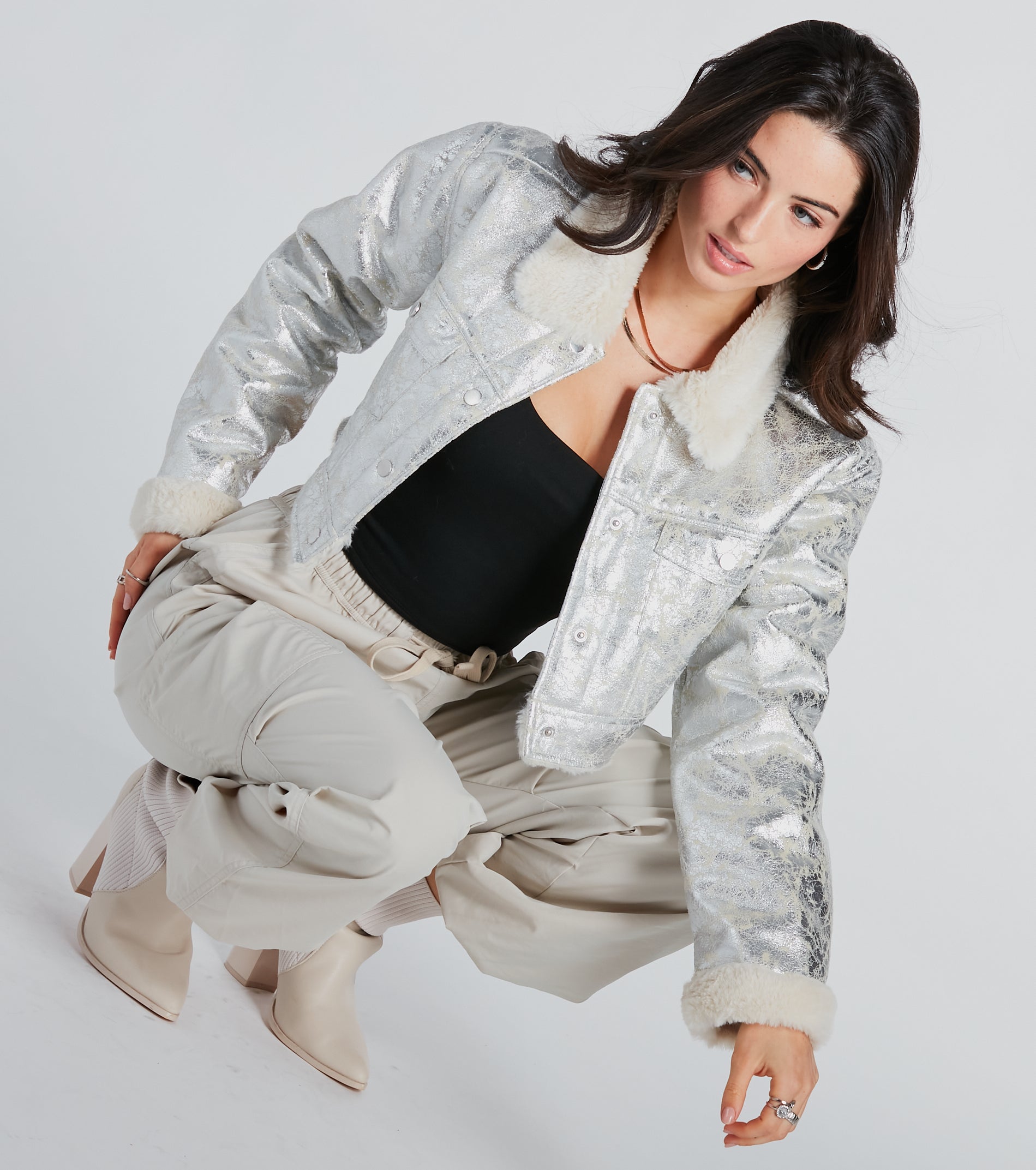 Pop Diva Status Metallic Faux Fur Crop Jacket - Image 3