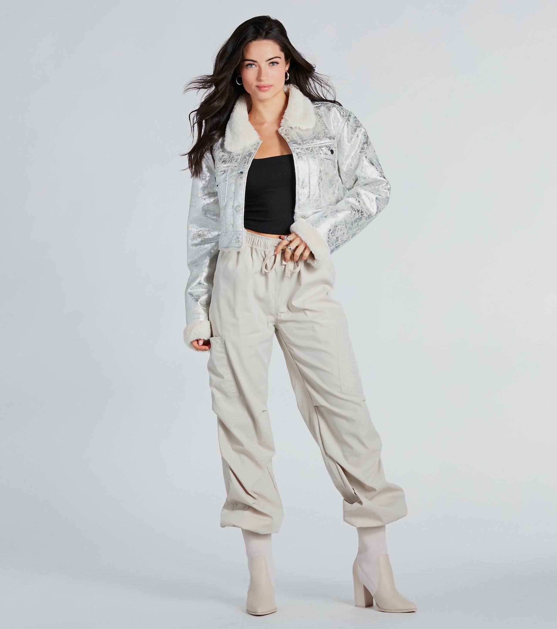 Pop Diva Status Metallic Faux Fur Crop Jacket - Image 4
