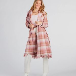 Perfect Plaid Fringe Faux Wool Trench Coat