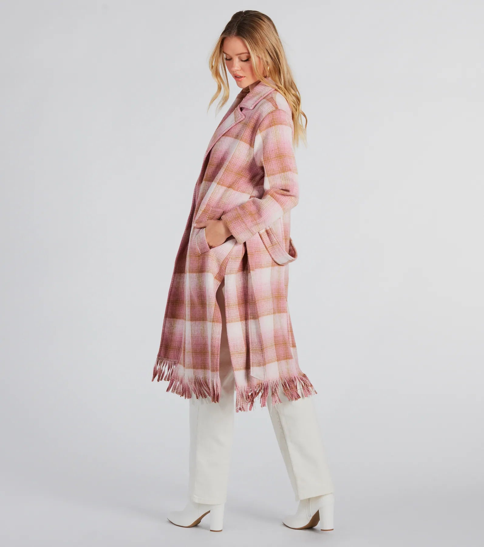 Perfect Plaid Fringe Faux Wool Trench Coat - Image 2