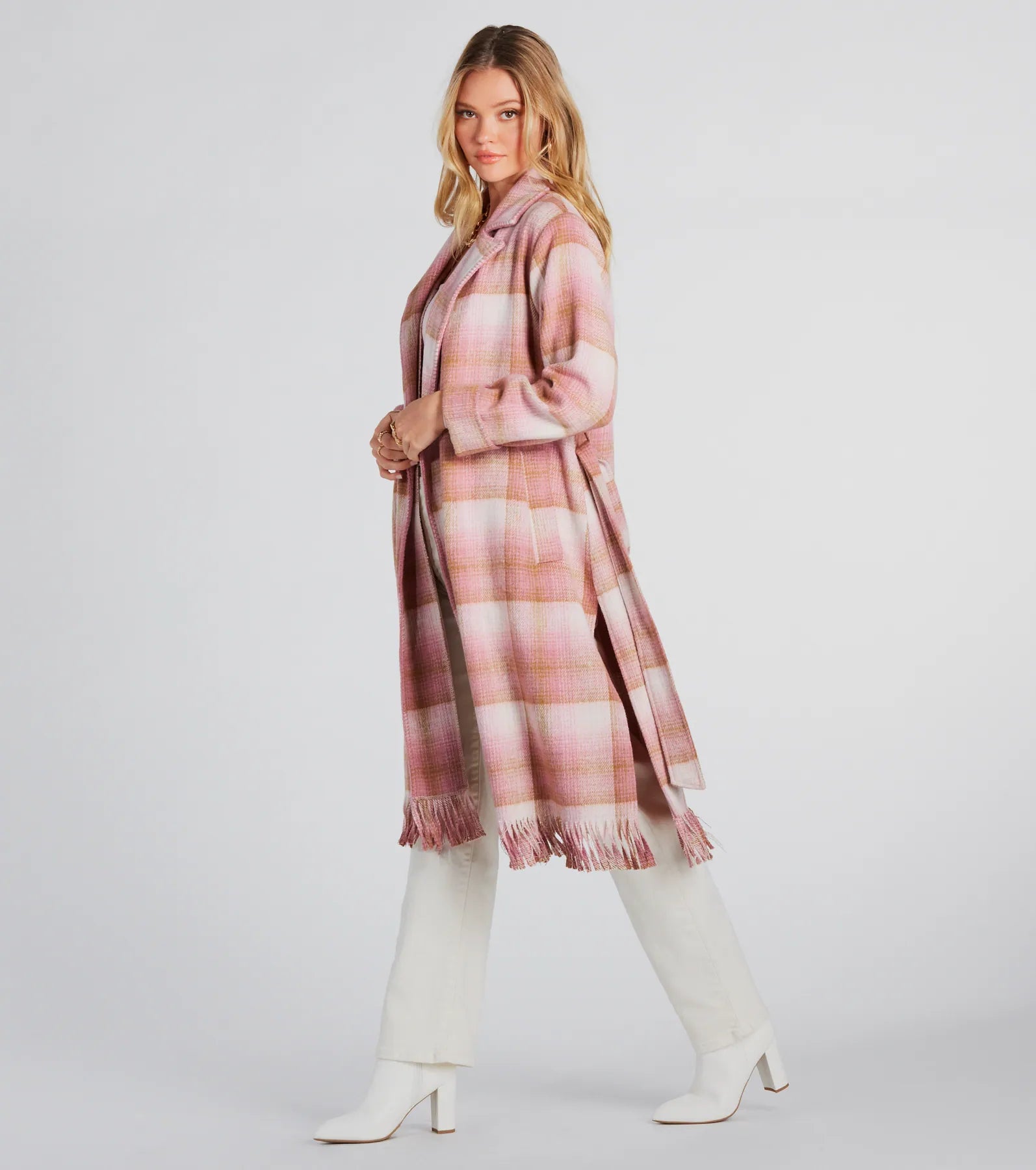 Perfect Plaid Fringe Faux Wool Trench Coat - Image 3