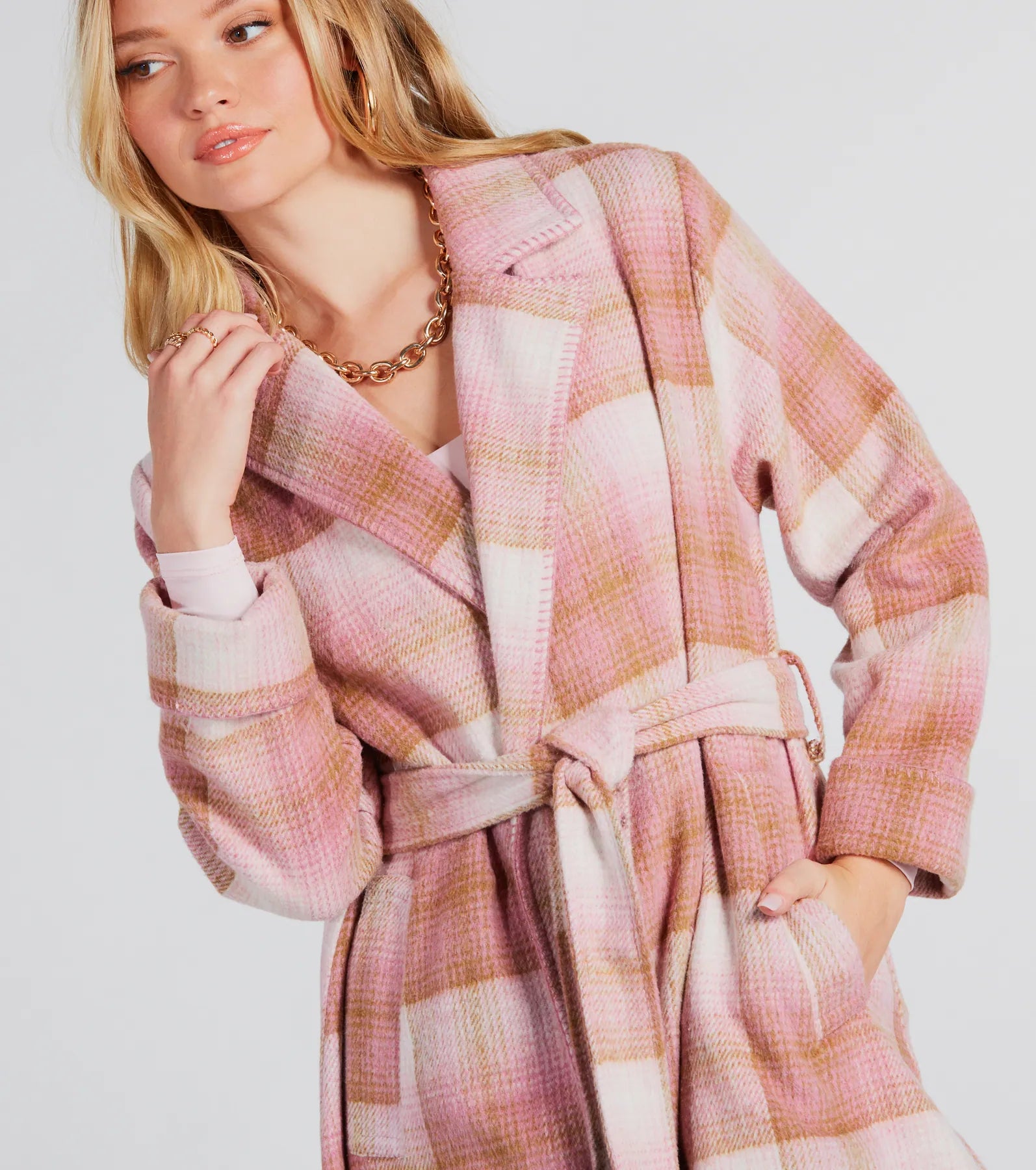 Perfect Plaid Fringe Faux Wool Trench Coat - Image 4