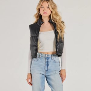 Cuddle Glam Faux Leather Sherpa Lined Puffer Vest