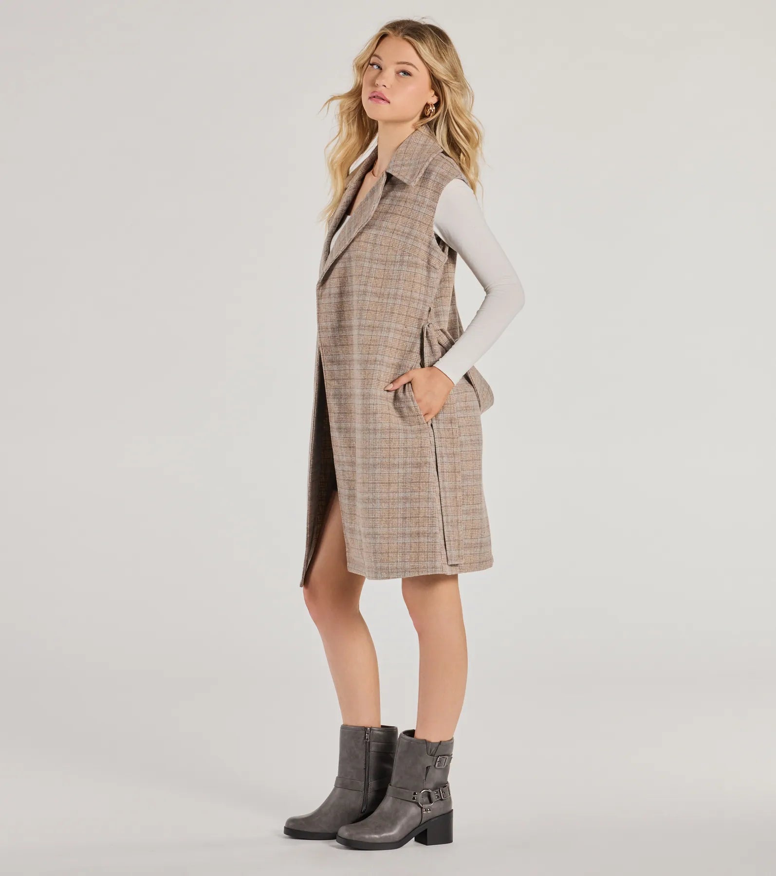 Plaid Pursuit Faux Wool Long Belted Vest - Image 5