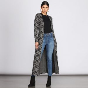 Belted Plaid Knit Duster