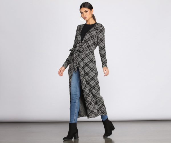Belted Plaid Knit Duster - Image 4