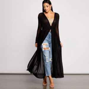 Pleated Long Sleeve Mesh Duster