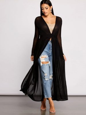 Pleated Long Sleeve Mesh Duster
