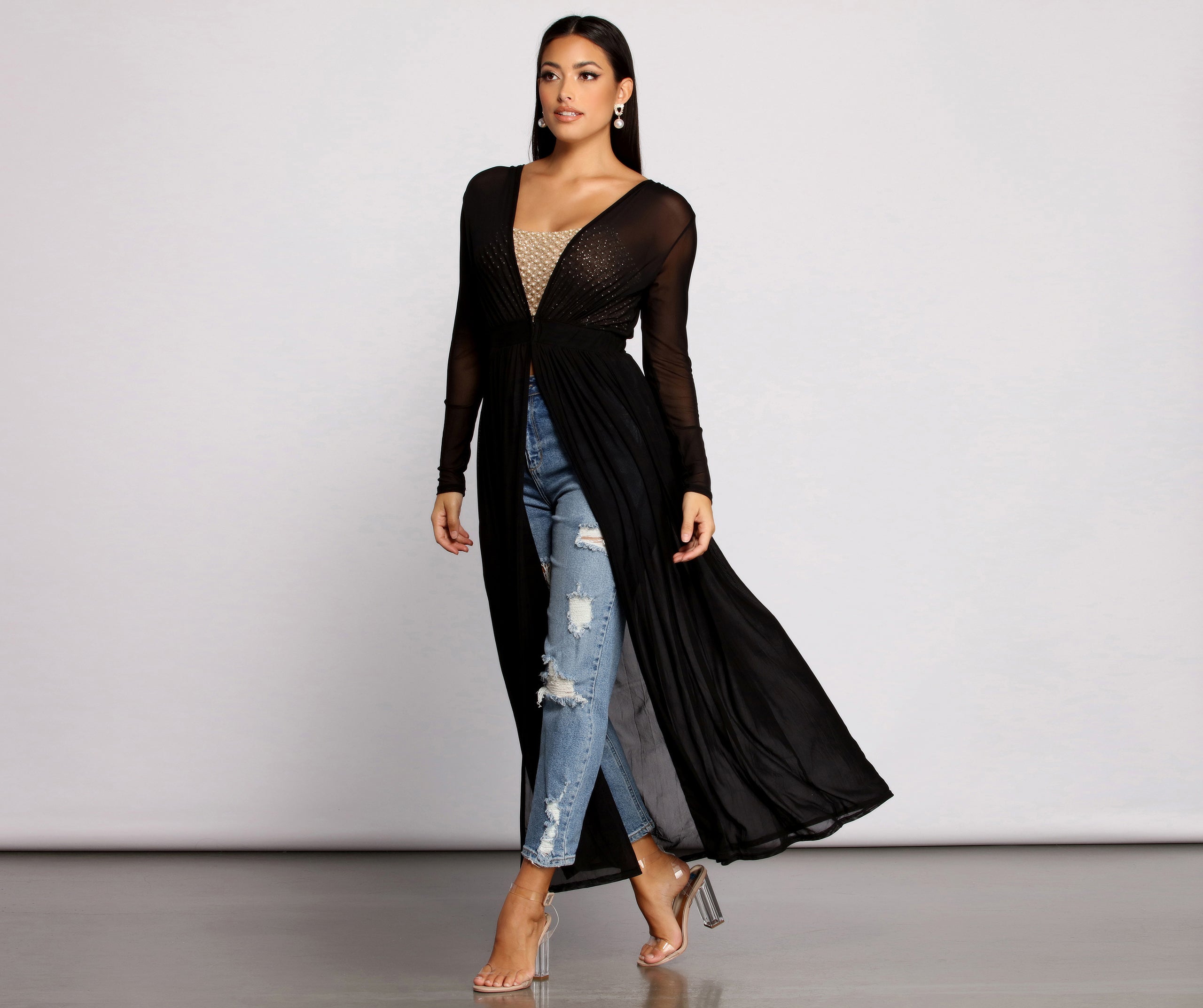Pleated Long Sleeve Mesh Duster - Image 4