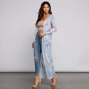 Floral Beauty Mesh Long Sleeve Duster