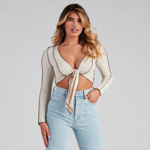 Trendy Ribbed Knit Tie-Front Top